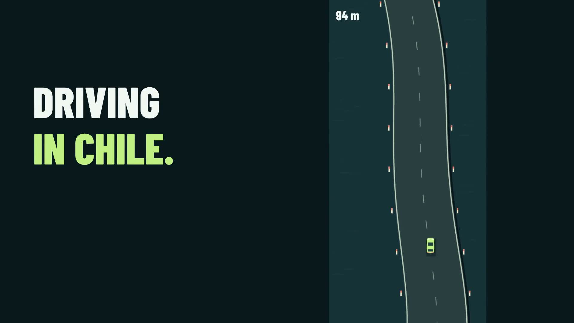 Driving in Chile gameplay showing a tiny car on a winding narrow road